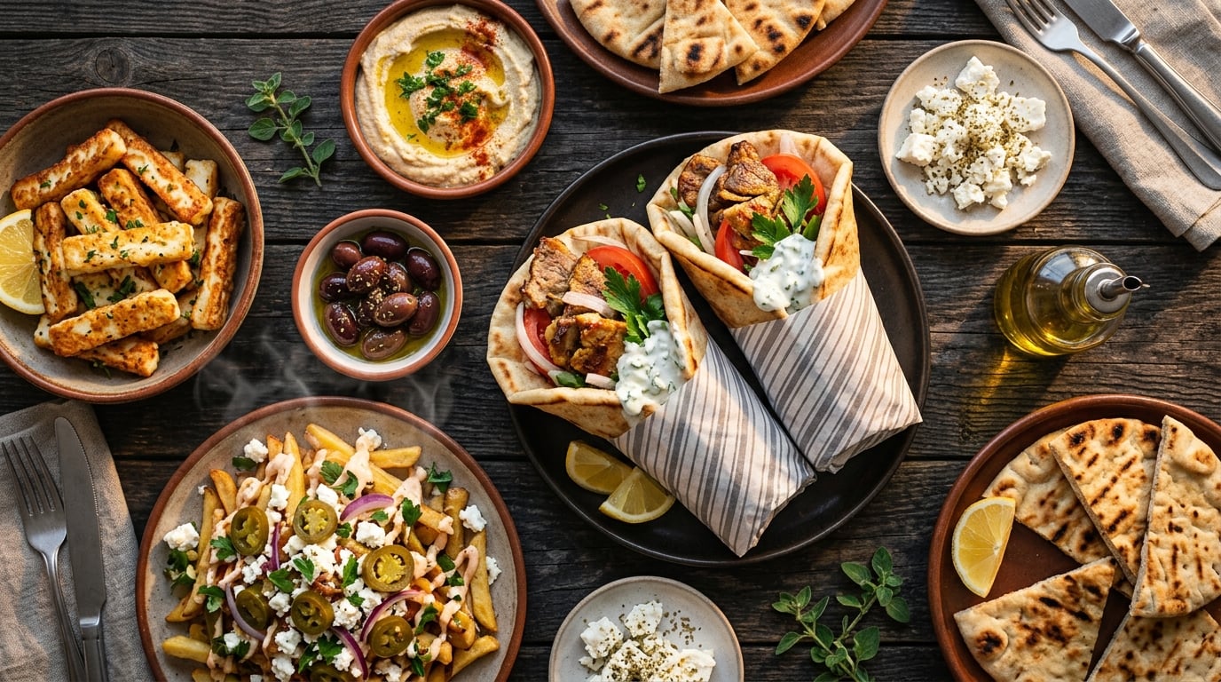 Authentic Greek street food spread with gyros, loaded fries, halloumi, olives, and houmous